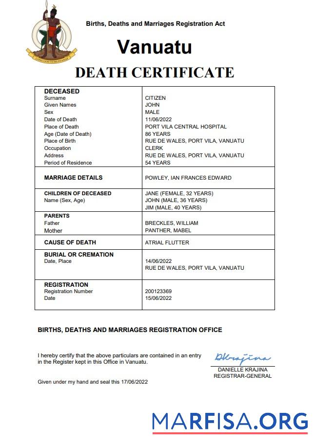 Printable Vanuatu death certificate Word and PDF template